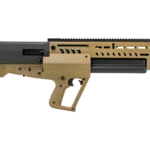 IWI TAVOR TS12 SEMI AUTOMATIC BULLPUP 12 GAUGE SHOTGUN, FLAT DARK EARTH. The Tavor TS12 12 gauge shotgun is a gas-regulated bullpup shotgun with an innovative design that feeds from one of three (3) individual magazines which can hold four 3-inch shotgun shells or five 2 ¾ inch shotgun shells each. This means that the potential overall capacity from all three (3) individual magazines is 15 rounds plus one additional round in the chamber (Using 2-3/4″ shells). The TS12 has a unique feature that automatically loads a round in the chamber once the subsequently loaded magazine is rotated into position. It can be fed and unloaded from either side. The TS12 offers an innovative versatile and compact sporting or home defense shotgun that is optimized for whatever application you need.